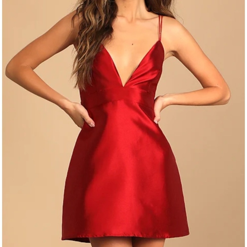 Lulu's Red Satin V-Neck Mini Dress